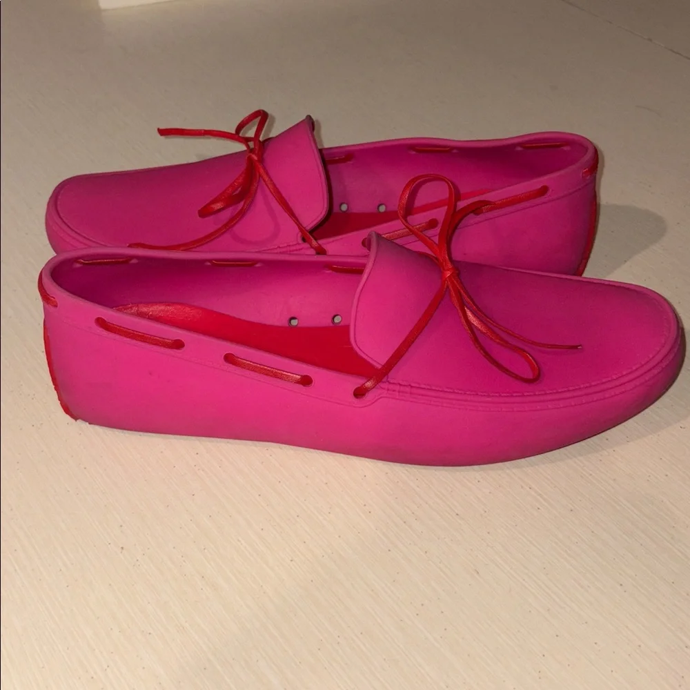 Hunter Pink Rubber Loafers with Red Trim